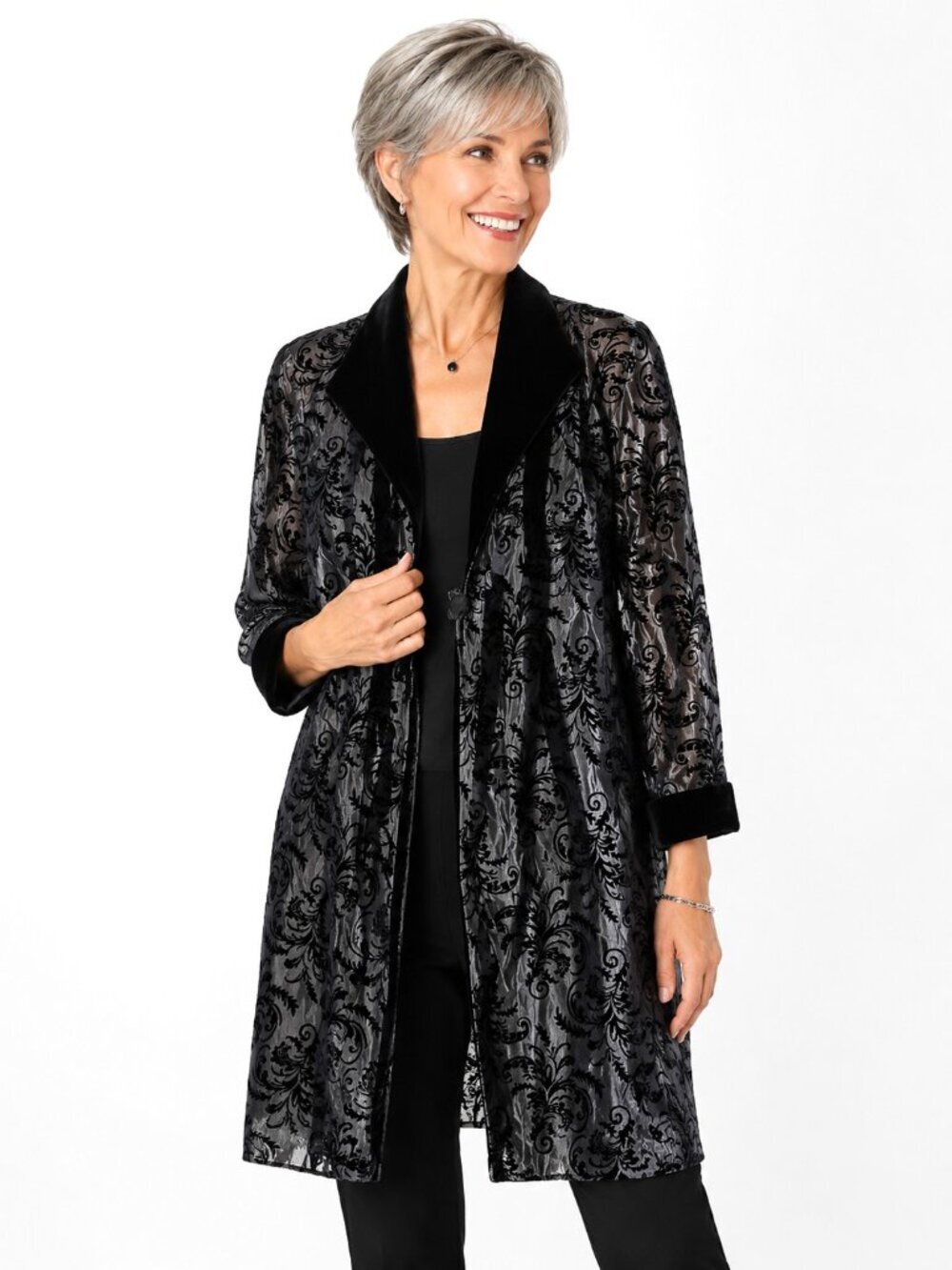 Patra Black Velvet Flocked Taffeta Knee-Length Coat NWT